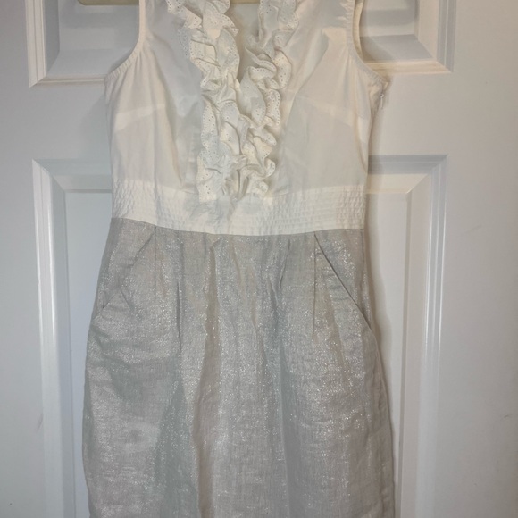 LOFT Elegant White and Tan Ruffle Mini Dress Ann Taylor - Picture 2 of 8